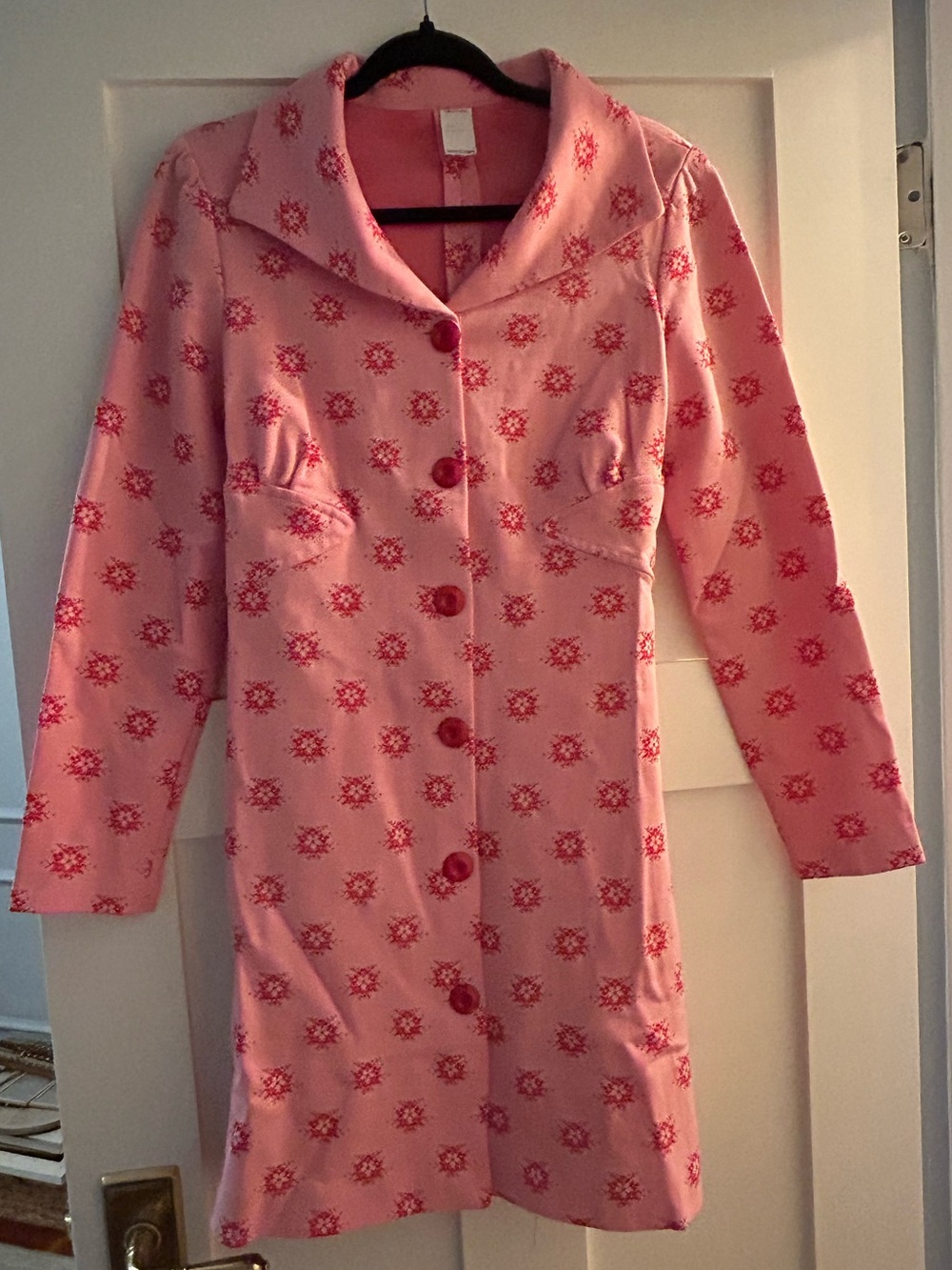 Vintage 70s Pink Floral Coat Dress Small ILGWU Canada Retro Halloween Costume